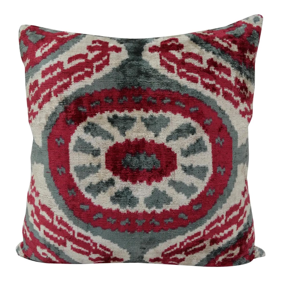 Raspberry Red Ikat Silk Velvet Pillow with Linen Back and Feather Insert (1 of 3)
