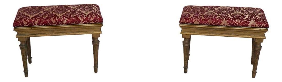 Pair of Louis XVI Style Footstools Red and Gold Damask 24w x 14d x 18h (1 of 9)