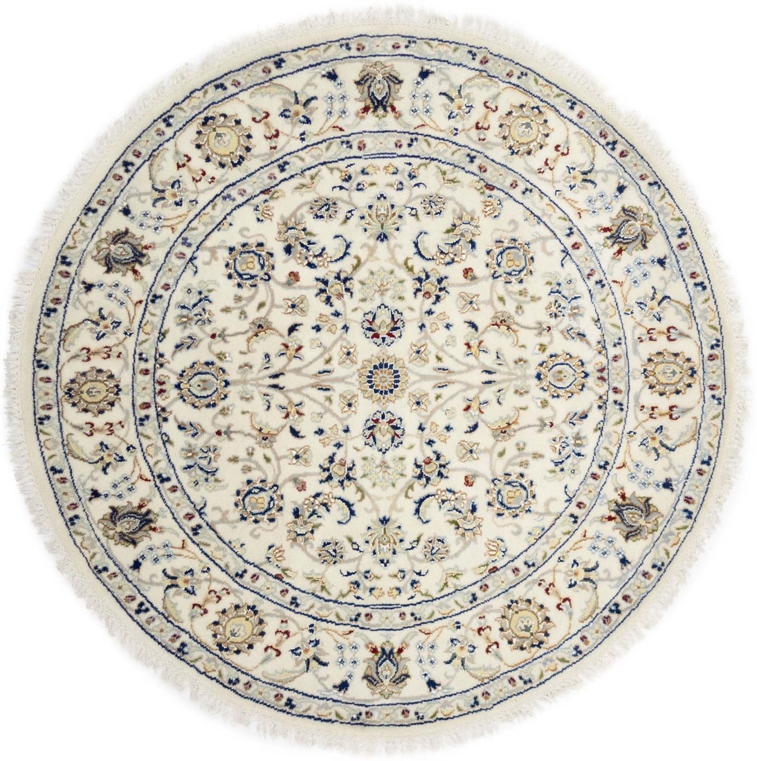 Hand-Knotted Indo-Nain Round Wool and Silk Rug 4x4 Floral Pattern: Hand-Knotted Indo-Nain Round Wool and Silk Rug 4x4 Floral Pattern This handmade Indo-Nain round oriental rug features a floral design, crafted from a blend of wool and silk. The rug has a medium pile 