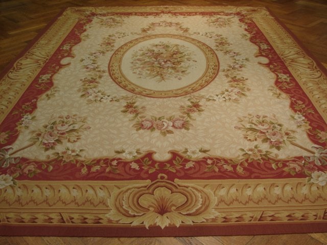 Elegant 9 x 12 Hand-Knotted Red Aubusson Area Rug: Elegant 9 x 12 Hand-Knotted Red Aubusson Area Rug Free continental US Shipping Elevate your home decor with the timeless elegance of this 9 x 12 Red Aubusson Weave Rug. Inspired by classic French desi