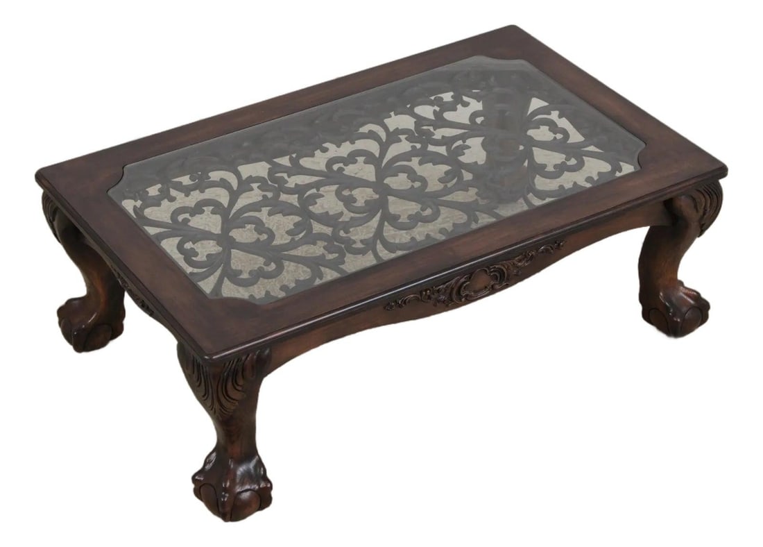 Glass Top Coffee Table with Iron Fretwork Claw Feet 51w x 33d x 18.5h (1 of 10)