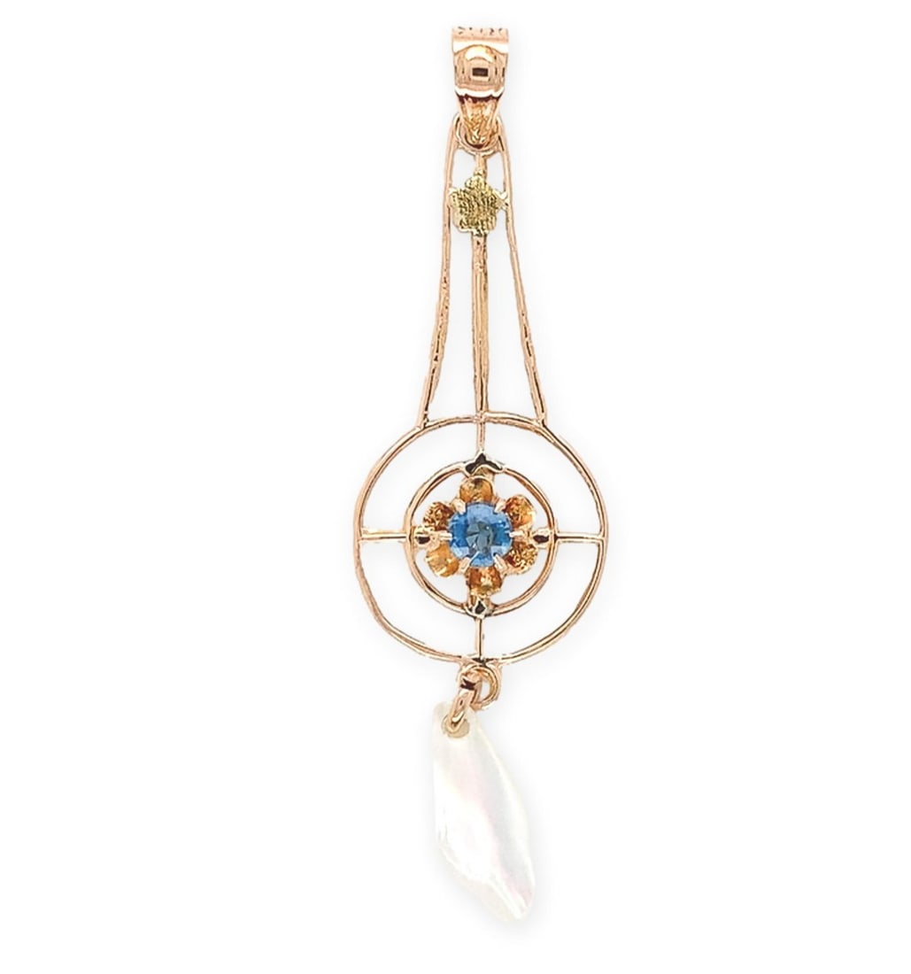 Victorian 10k Yellow Gold Lavaliere Pendant with Blue Glass and Pearl Drop: Victorian 10k Yellow Gold Lavaliere Pendant with Blue Glass and Pearl Drop This exquisite Victorian lavaliere pendant features a stunning combination of 10k yellow gold and a captivating blue glass st