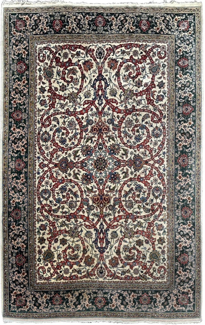 213cm x 305cm Hand Knotted Wool Hereke Area Rug Beige Floral: 213cm x 305cm Hand Knotted Wool Hereke Area Rug Beige Floral Vintage hand-knotted Hereke area rug with a floral scrollwork design in beige, navy blue, and red. This wool rug features a traditional rec