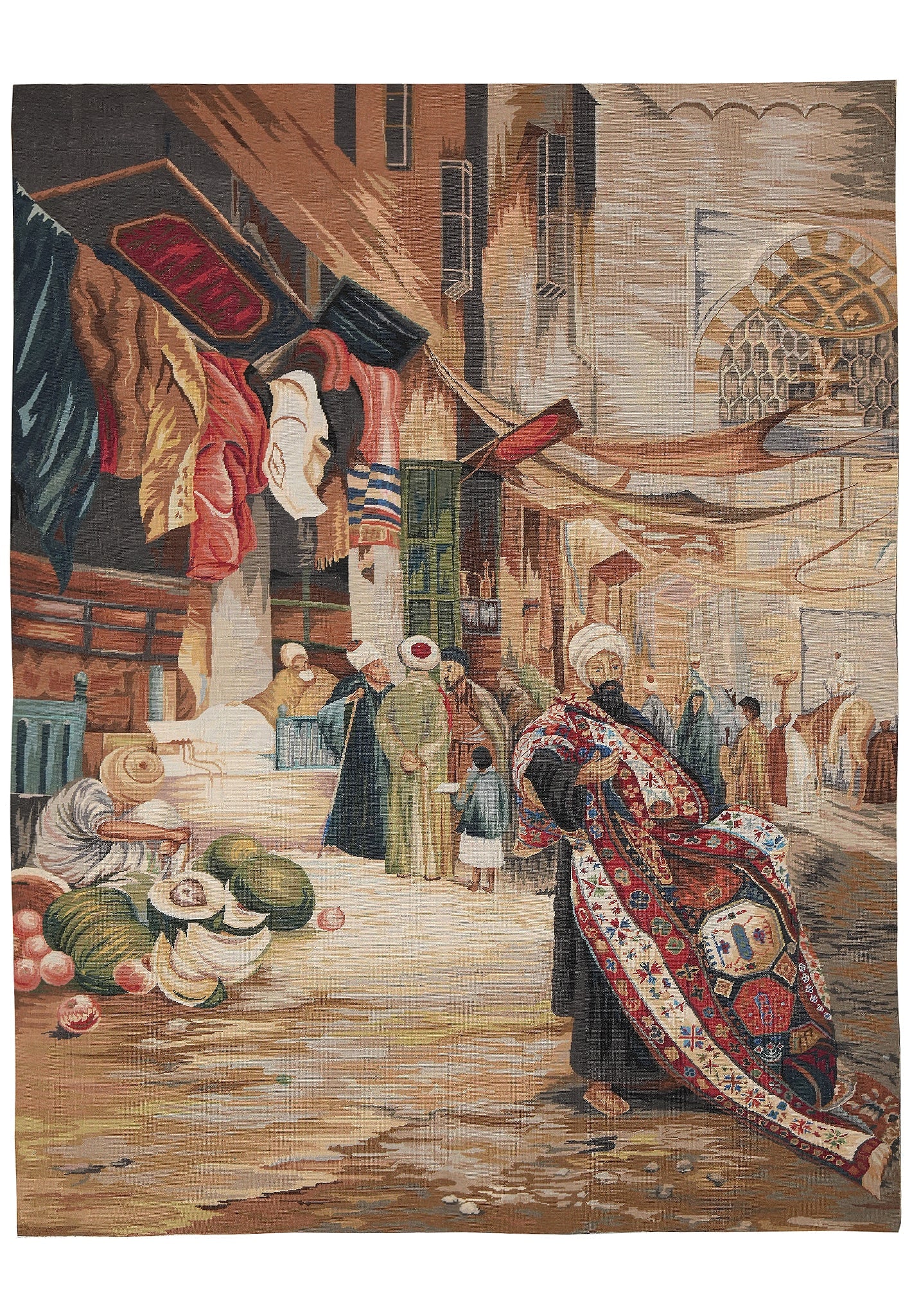 4 x 6 Hand-Knotted Wool Tapestry Rug with Pictorial Market Scene: 4 x 6 Hand-Knotted Wool Tapestry Rug with Pictorial Market Scene Free continental US Shipping This 4 x 6 feet hand-knotted tapestry rug showcases a detailed pictorial market scene, carefully crafted b