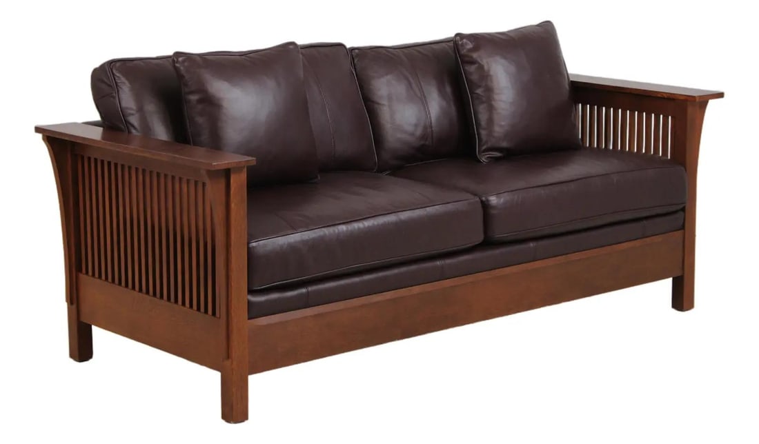 Stickley oak sofa with burgundy leather Arts and Crafts style (1 of 10)