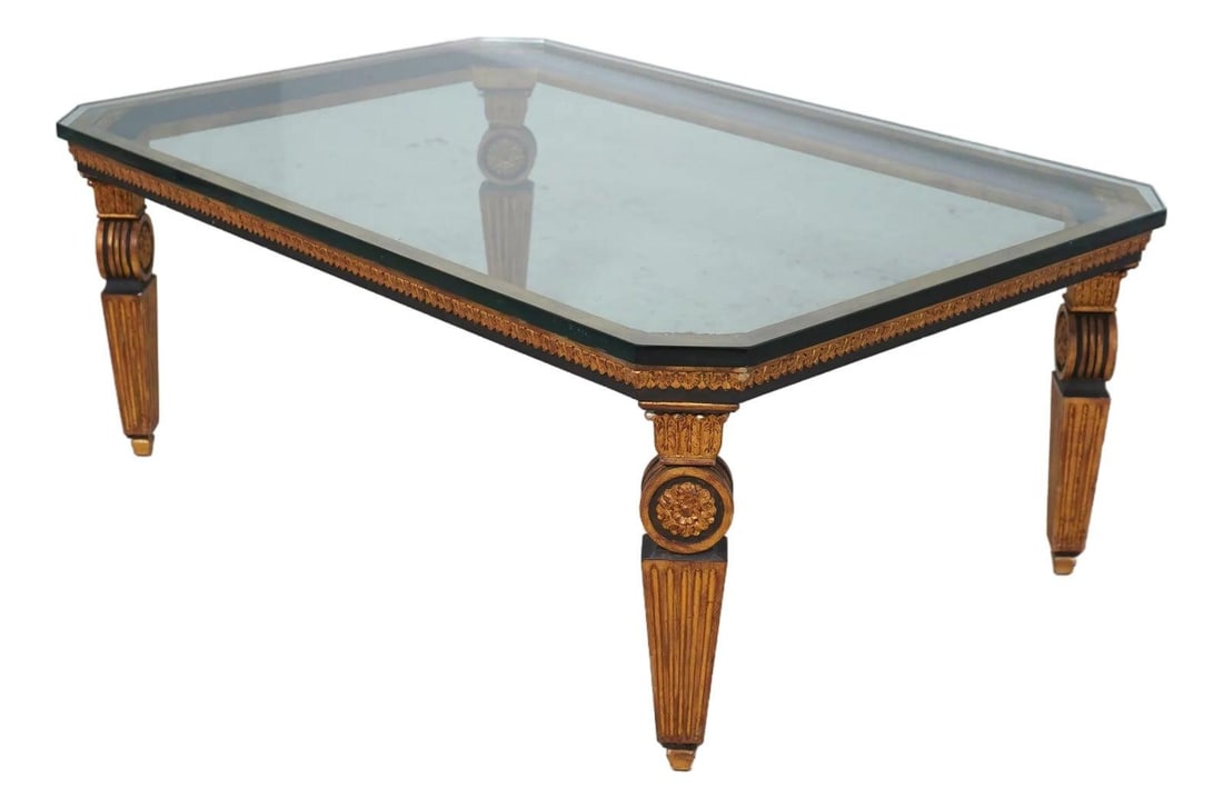 1950s Neoclassical Coffee Table with Glass Top Gold and Black Base (1 of 10)