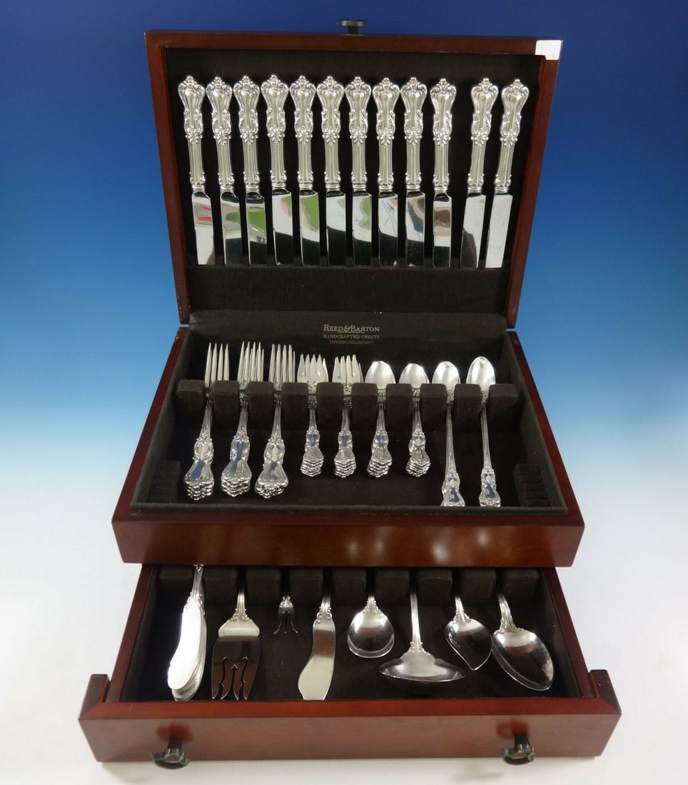 Reed & Barton Marlborough Sterling Silver Flatware Set 79 Pcs with Storage Chest: Reed & Barton Marlborough Sterling Silver Flatware Set 79 Pcs with Storage Chest Elevate your dining experience with this stunning Marlborough sterling silver flatware set by Reed & Barton. Comprising