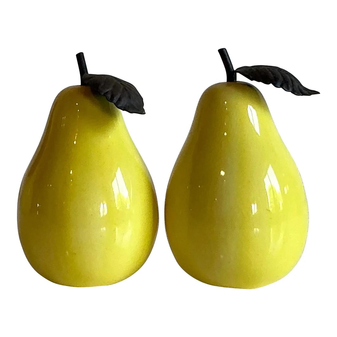 Vintage Glazed Ceramic Pears Set of 2 Yellow Decorative Accents: Vintage Glazed Ceramic Pears Set of 2 Yellow Decorative Accents Add a playful touch to your decor with this charming set of two vintage glazed ceramic pears. Each pear features a vibrant, high-gloss y