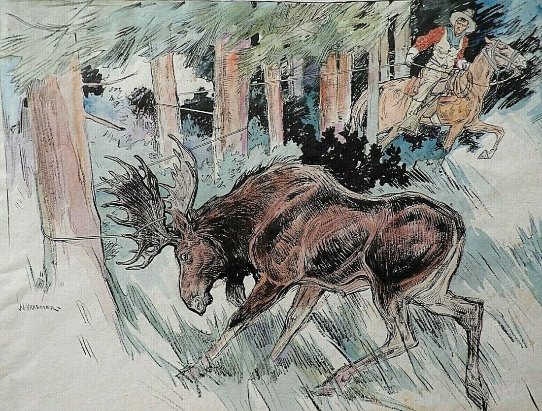 Joseph L Kraemer signed watercolor illustration cowboy vs moose 16 x 21.5 (1 of 8)