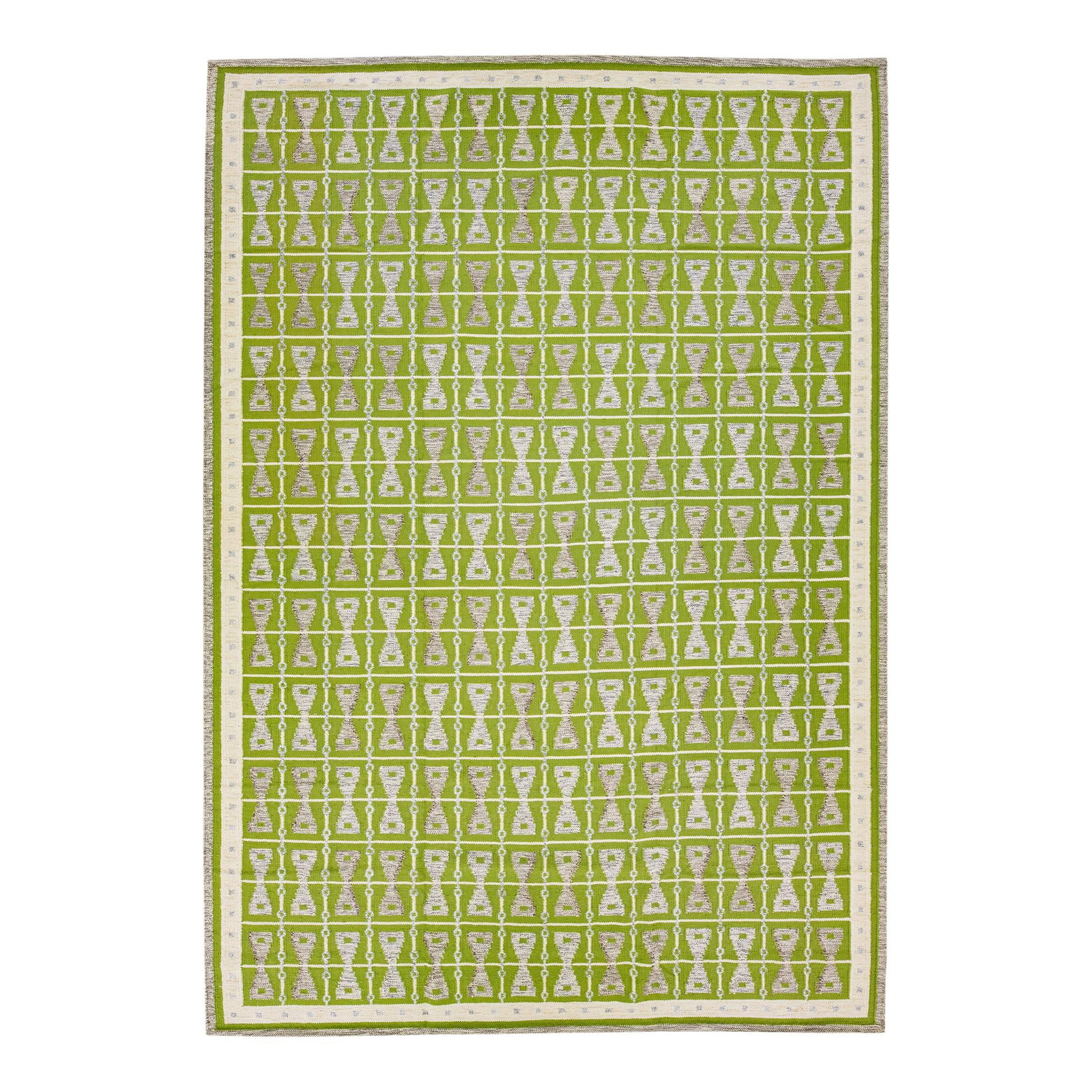 Oversize Green Handmade Wool Rug Swedish Modern Geometric Design 12'4" x 17'9": Oversize Green Handmade Wool Rug Swedish Modern Geometric Design 12'4" x 17'9" Enhance your living space with this stunning modern Swedish-style wool rug, showcasing a vibrant green field complemented