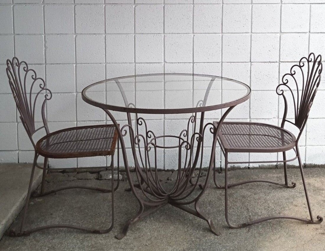 3 Piece Wrought Iron Patio Set with Glass Top Table Art Deco Style (1 of 11)
