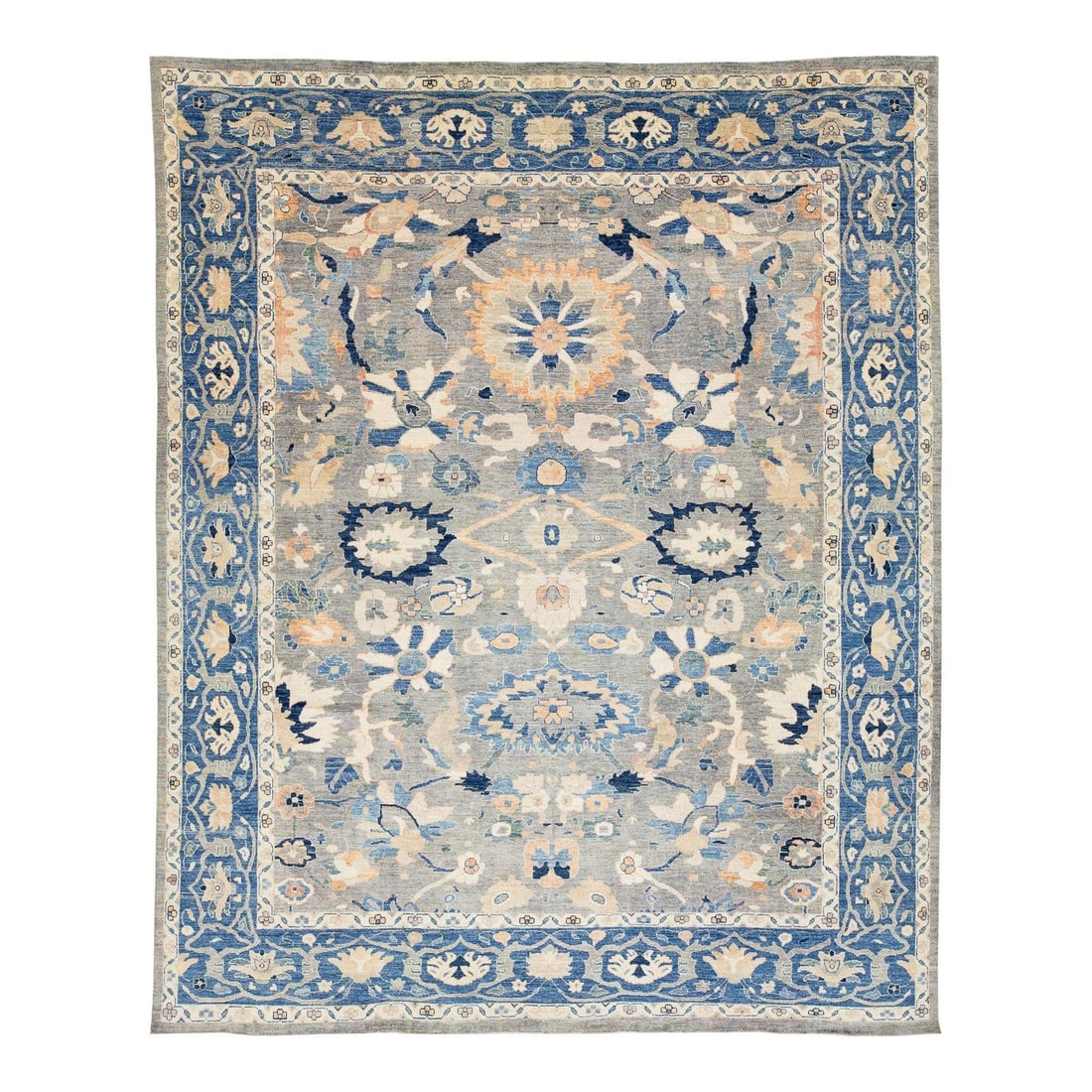 Slate Blue Hand-Knotted Wool Rug with Modern Oushak Floral Motif 12x15: Slate Blue Hand-Knotted Wool Rug with Modern Oushak Floral Motif 12x15 This hand-knotted Modern Oushak Style wool area rug features traditional spacious floral motifs updated in a muted slate blue and