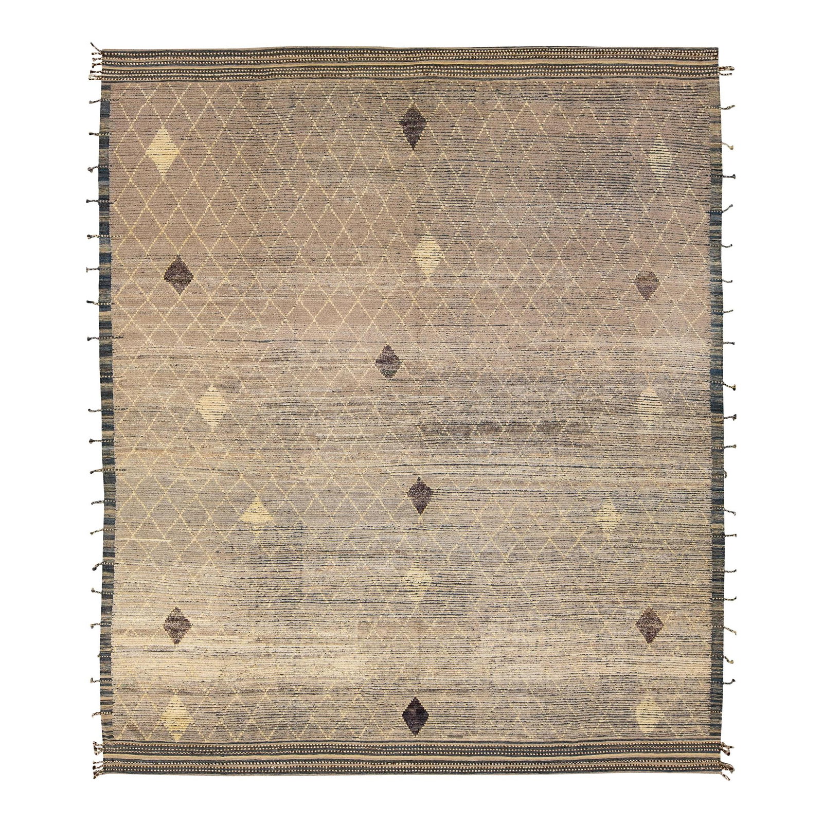 Modern Handmade Brown Moroccan Wool Rug 13'1 x 15'1 Geometric Design: Modern Handmade Brown Moroccan Wool Rug 13'1 x 15'1 Geometric Design Enhance your space with this stunning Modern Moroccan style handmade wool rug. Featuring a rich brown field adorned with vibrant ye