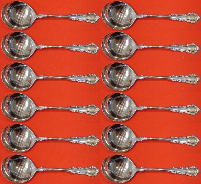 Reed & Barton Georgian Rose Sterling Silver Cream Soup Spoon Set 12 pcs 6 in: Reed & Barton Georgian Rose Sterling Silver Cream Soup Spoon Set 12 pcs 6 in This exquisite 12-piece cream soup spoon set is crafted from sterling silver and features the elegant Georgian Rose pattern
