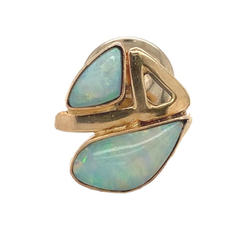 14k Yellow Gold Custom Modernist Tie Tack with Australian Opals: 14k Yellow Gold Custom Modernist Tie Tack with Australian Opals Elevate your formal attire with this exquisite 14k Yellow Gold Custom Modernist Tie Tack featuring two stunning Australian Opals. The ti