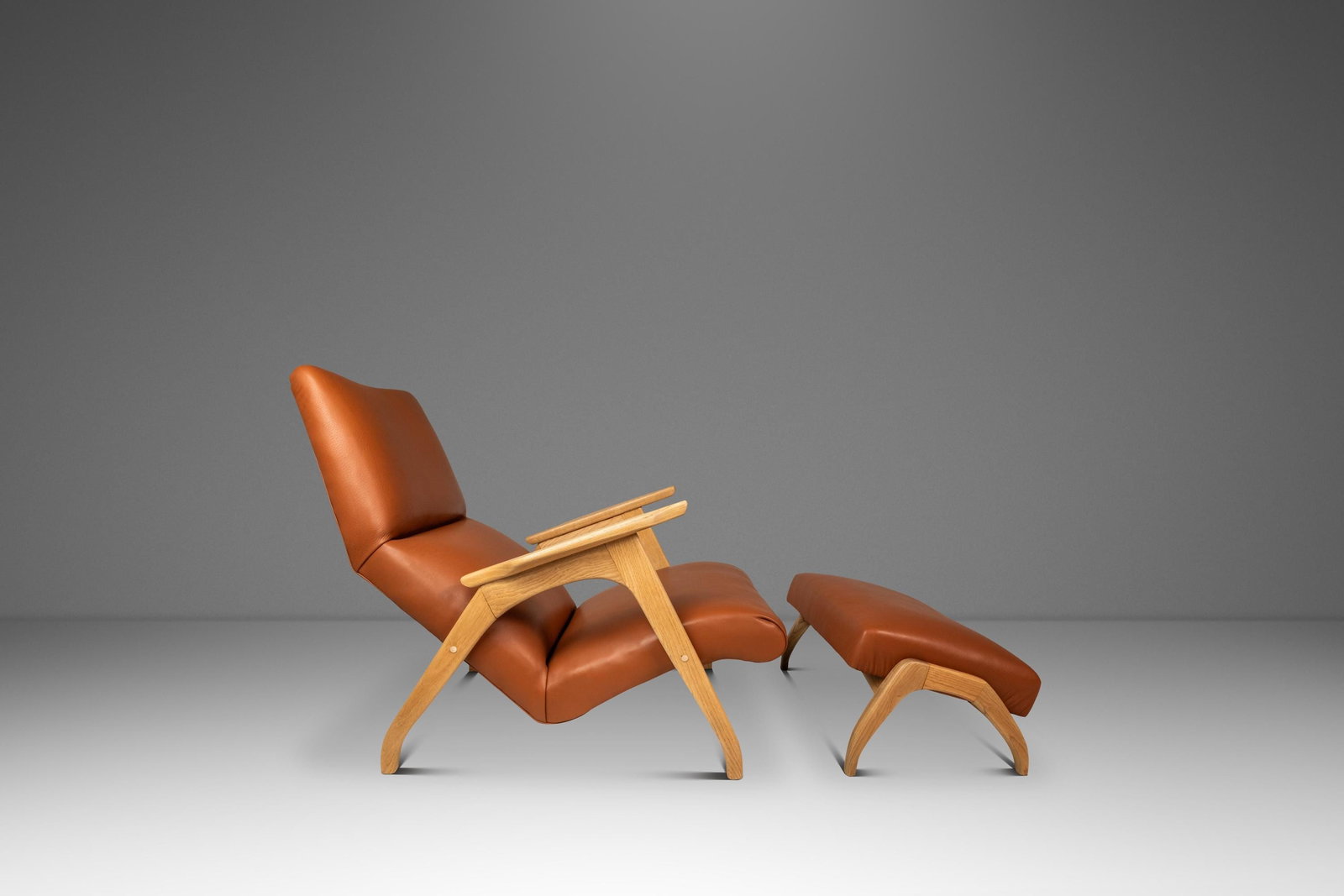 Oak and Italian Leather Lounge Chair With Ottoman Mid-Century Modern Style (1 of 18)