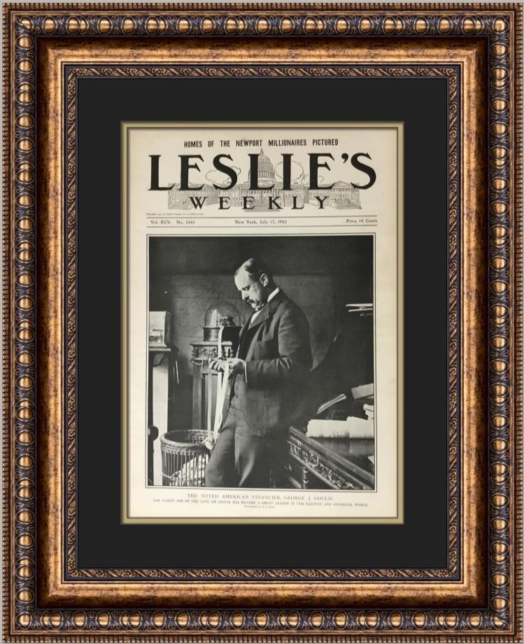 Framed Leslie's Weekly George J Gould 1902 news cover print: Framed Leslie's Weekly George J Gould 1902 news cover print This is an original Leslie's Weekly news cover print from July 17, 1902, featuring George J. Gould, the prominent American financier and rai