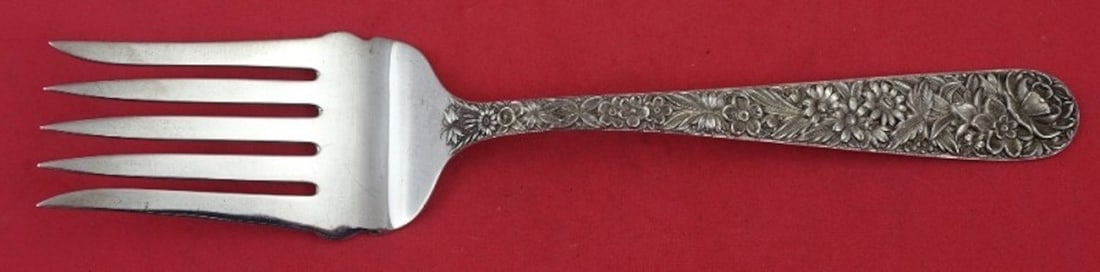 Kirk Sterling Silver Repousse Salad Serving Fork 5-Tine 9.5": Kirk Sterling Silver Repousse Salad Serving Fork 5-Tine 9.5" Elevate your dining experience with this exquisite 5-tine salad serving fork from the Repousse pattern by Kirk. Crafted from high-quality s