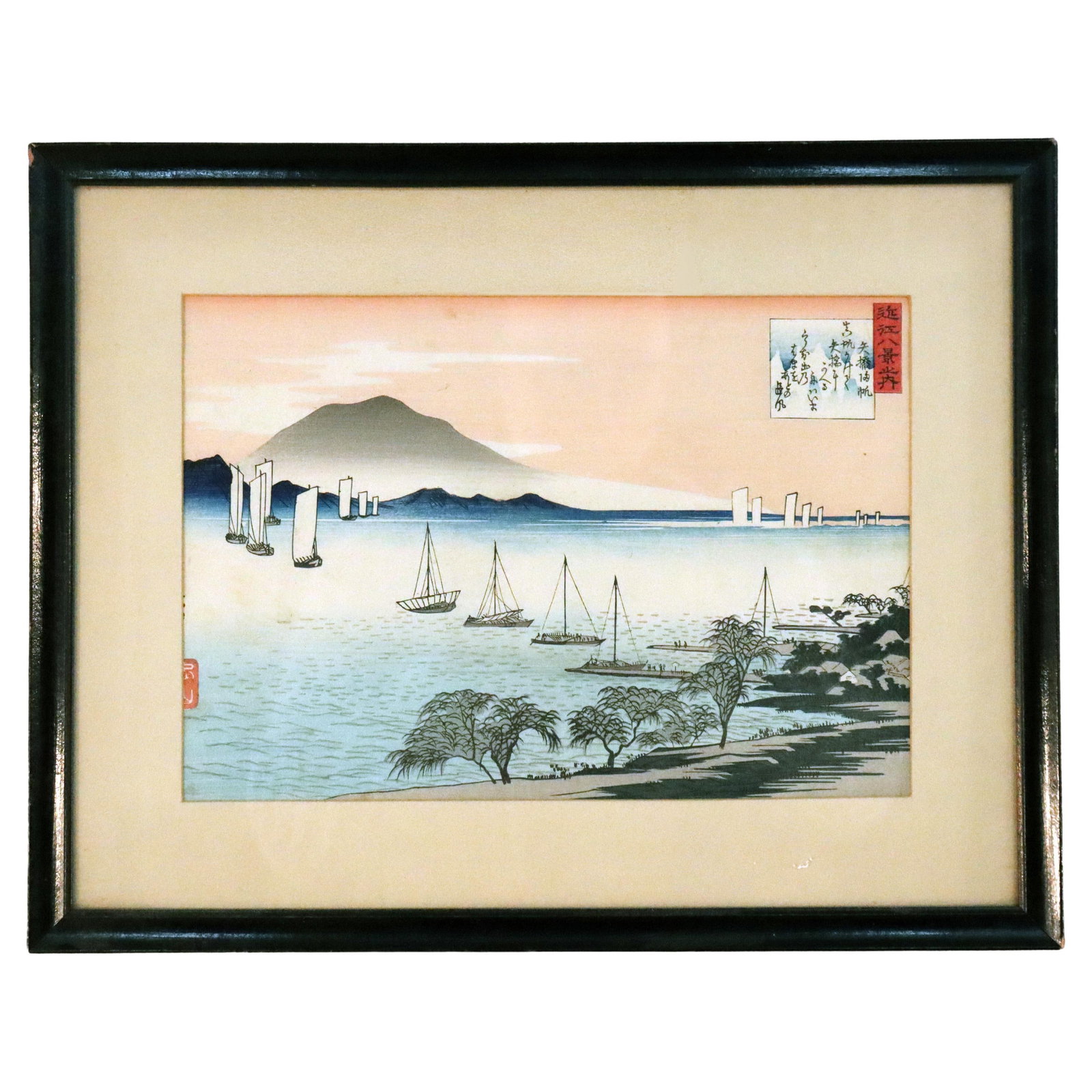 19th Century Antique Japanese Wood Block Print by Hiroshige Lake Suwa: 19th Century Antique Japanese Wood Block Print by Hiroshige Lake Suwa This exquisite antique Japanese woodblock print, titled "Lake Suwa in Shinano Province," is a remarkable piece from the renowned s