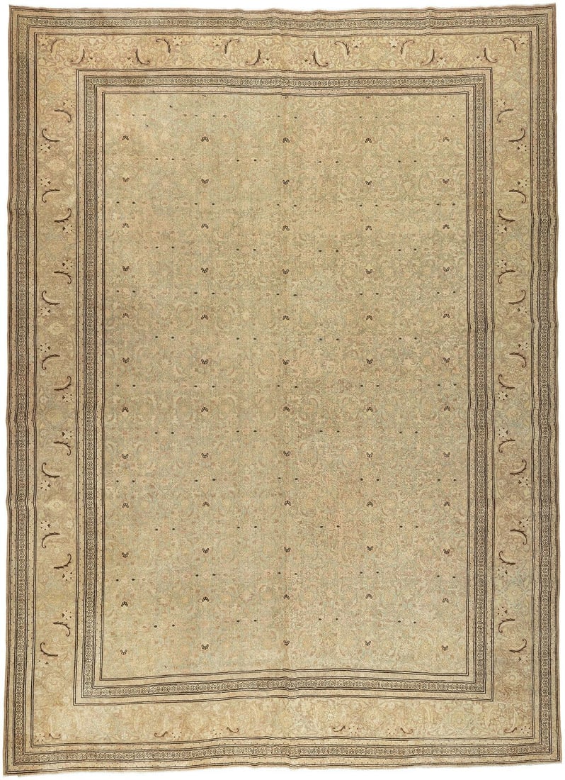 10' 8" x 14' 10" Persian Tabriz Room Rug: 10' 8" x 14' 10" Persian Tabriz Room Rug Early 20th century Persian Tabriz room rug in a predominantly pale green palette with hints of rose and brown outline accents. Pre-owned. Specifications Type: 