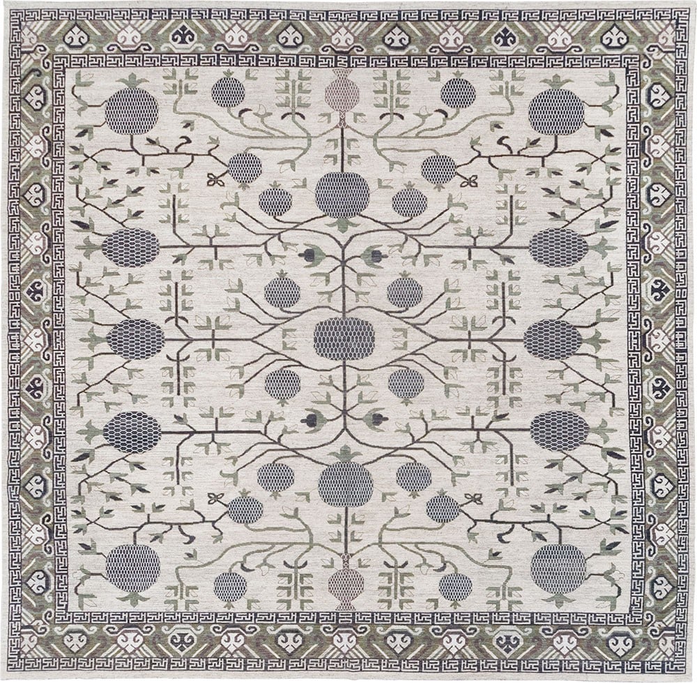 13' 9" x 13' 9" Square Khotan Repro Carpet Ivory Pomegranate Design: 13' 9" x 13' 9" Square Khotan Repro Carpet Ivory Pomegranate Design 21st century oversize square Khotan reproduction carpet featuring a large pomegranate design on an ivory ground. Pre-owned. Specific