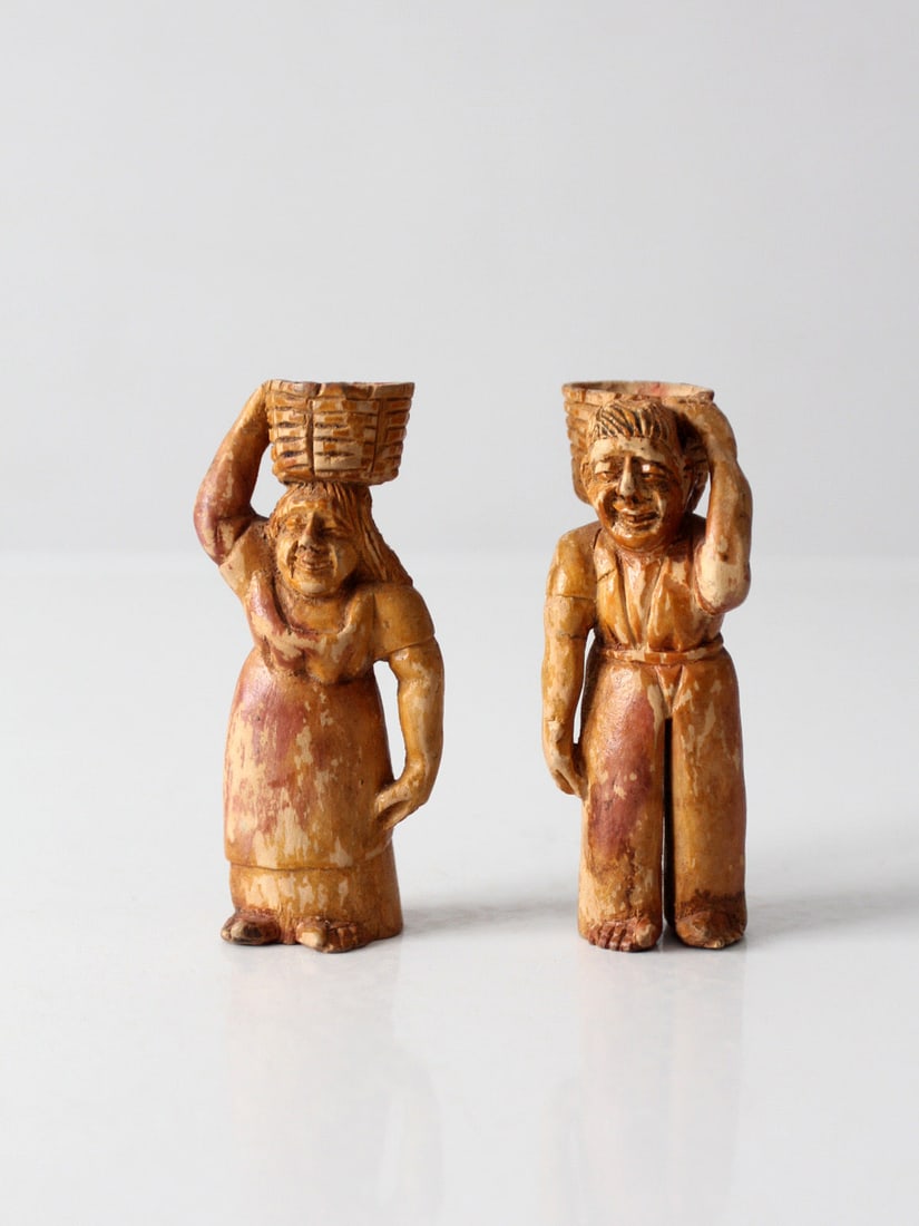 Pair of Latin American Folk Art Wood Basket Carrier Figures (1 of 10)