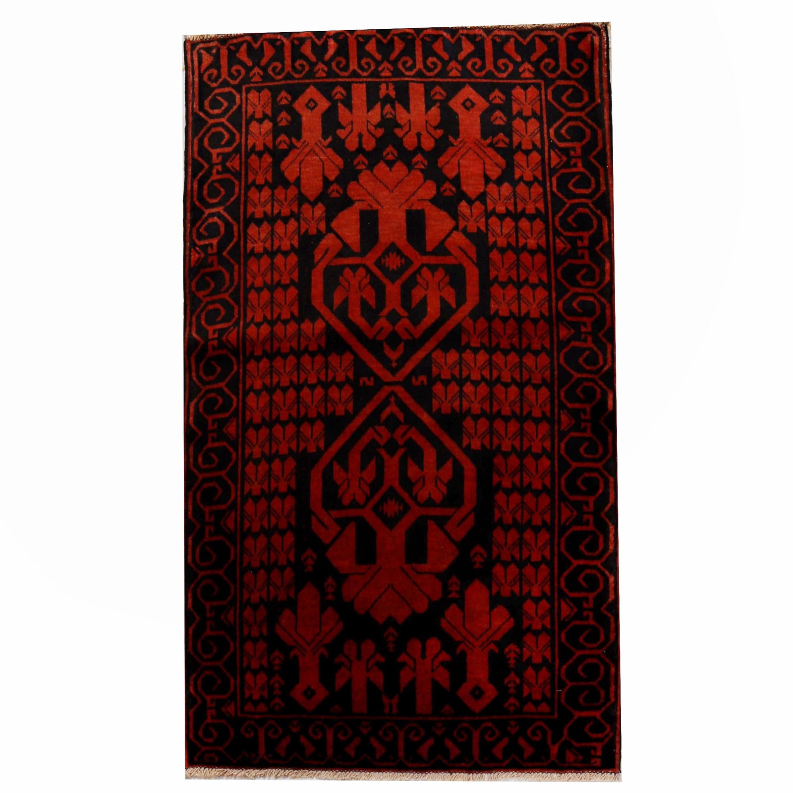 3' x 4.11' Handwoven Red Tribal Baluch Rug from Pakistan: 3' x 4.11' Handwoven Red Tribal Baluch Rug from Pakistan Free continental US Shipping Discover the beauty of our hand-knotted Tribal Baluch Rug, measuring 3' x 4.11'. Crafted by skilled Afghan artisan