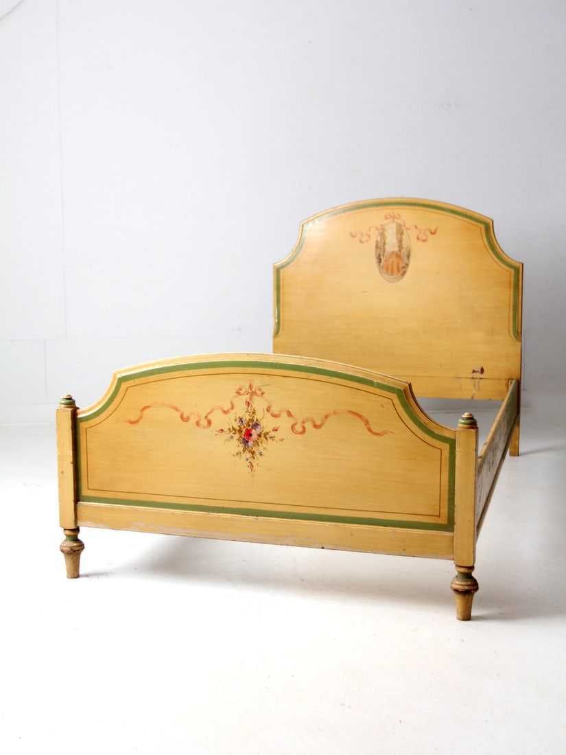 Antique French Provincial Twin Bed with Hand-Painted Garden Scene: Antique French Provincial Twin Bed with Hand-Painted Garden Scene This antique twin bed, dating from the early 20th century, features a beautiful French Provincial design highlighted by a hand-painted