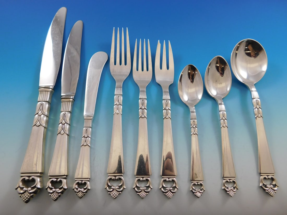 Frigast Danish Crown Sterling Silver 79 Piece Flatware Service for 8: Frigast Danish Crown Sterling Silver 79 Piece Flatware Service for 8 This is a 79-piece Danish Crown flatware set by Frigast, crafted in sterling silver and featuring a Mid-Century Modern design. Made