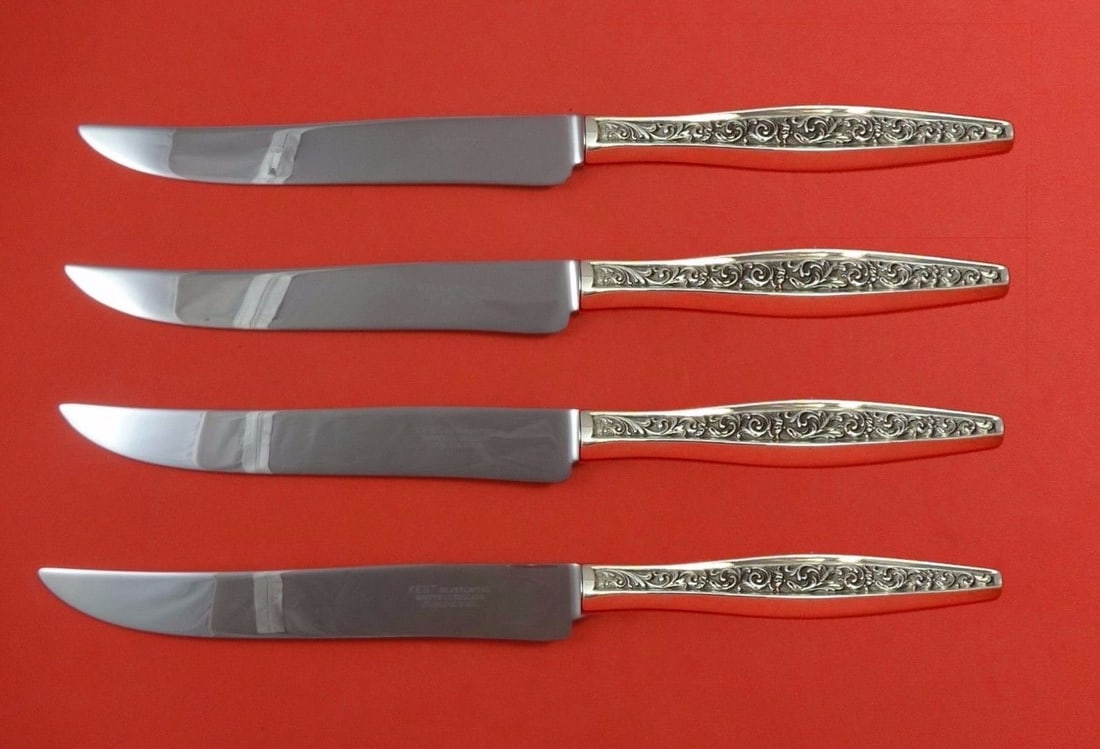 Reed & Barton Renaissance Scroll Sterling Silver Steak Knife Set 4-Piece Texas Size: Reed & Barton Renaissance Scroll Sterling Silver Steak Knife Set 4-Piece Texas Size Introducing the Renaissance Scroll Sterling Steak Knife Set by Reed & Barton, a magnificent 4-piece flatware collect