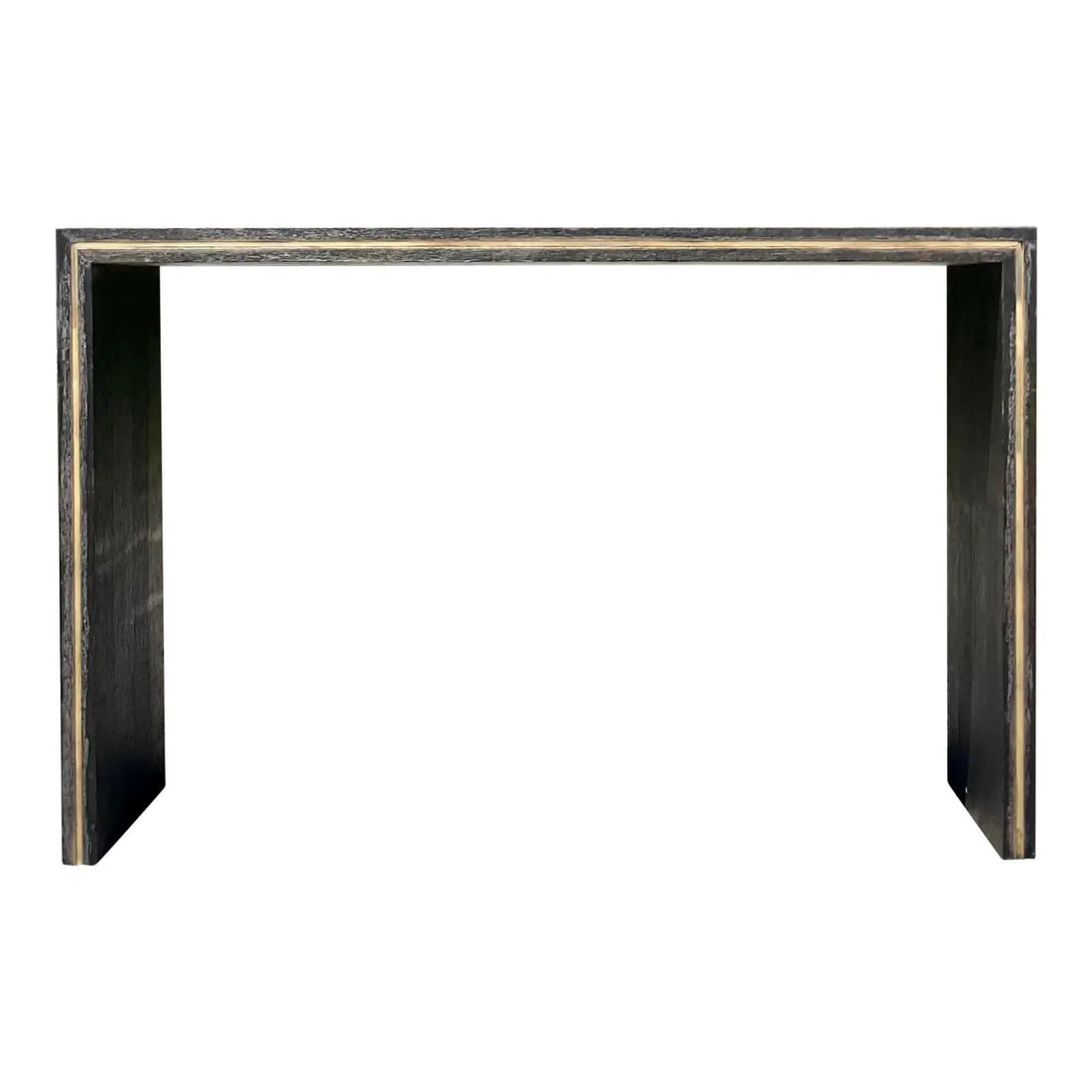 Custom Ebony Wood Console Table with Brass Inlay Mid 20th Century Design: Custom Ebony Wood Console Table with Brass Inlay Mid 20th Century Design This vintage contemporary console table features custom brass inlay details and an ebony finish, showcasing mid-20th-century Am