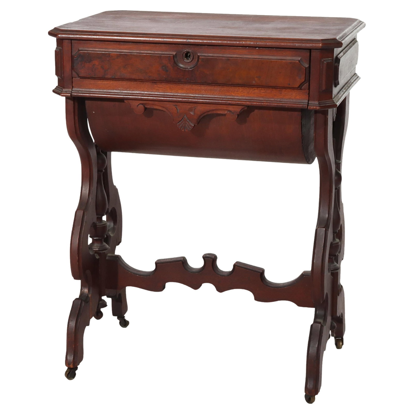 Victorian Walnut Burl Sewing Stand C1880 with Intricate Carvings: Victorian Walnut Burl Sewing Stand C1880 with Intricate Carvings This exquisite Antique Victorian Renaissance Revival Sewing Stand, dating back to circa 1880, showcases the craftsmanship of the 19th c