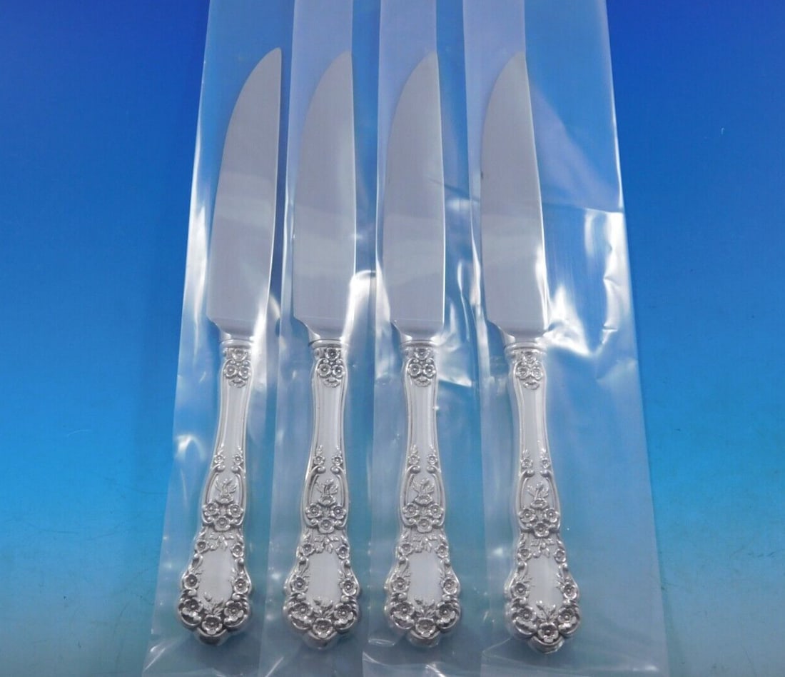 4 Buttercup Gorham sterling steak knives HHWS custom 8 3/8": 4 Buttercup Gorham sterling steak knives HHWS custom 8 3/8" Buttercup by Gorham sterling silver steak knife set in the Buttercup pattern. This 4-piece set features sterling silver hollow handles with 