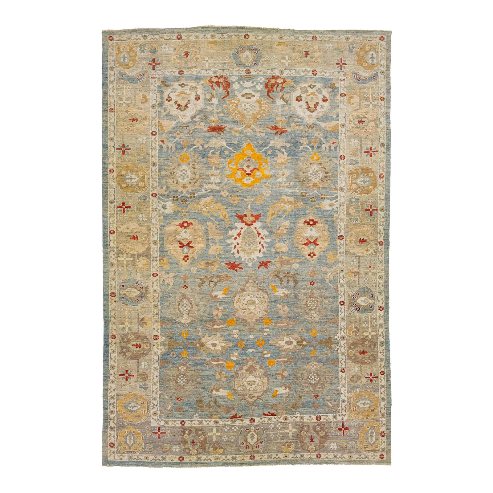 Oversized Handmade Sultanabad Wool Rug Blue Floral 11'10 x 18'3: Oversized Handmade Sultanabad Wool Rug Blue Floral 11'10 x 18'3 This exquisite oversized contemporary Sultanabad rug showcases a rich blue field beautifully enhanced by multicolored floral accents thr