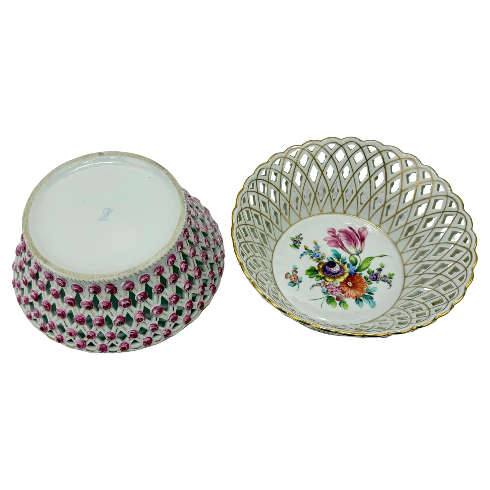 Set of 2 Fine Dresden Porcelain Baskets C. 1910 with Rose Buds (1 of 8)