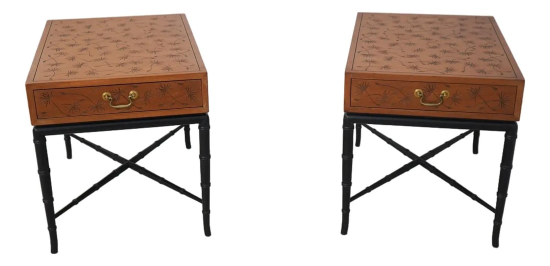 Kittinger faux bamboo side table pair Model T256 with drawer (1 of 10)