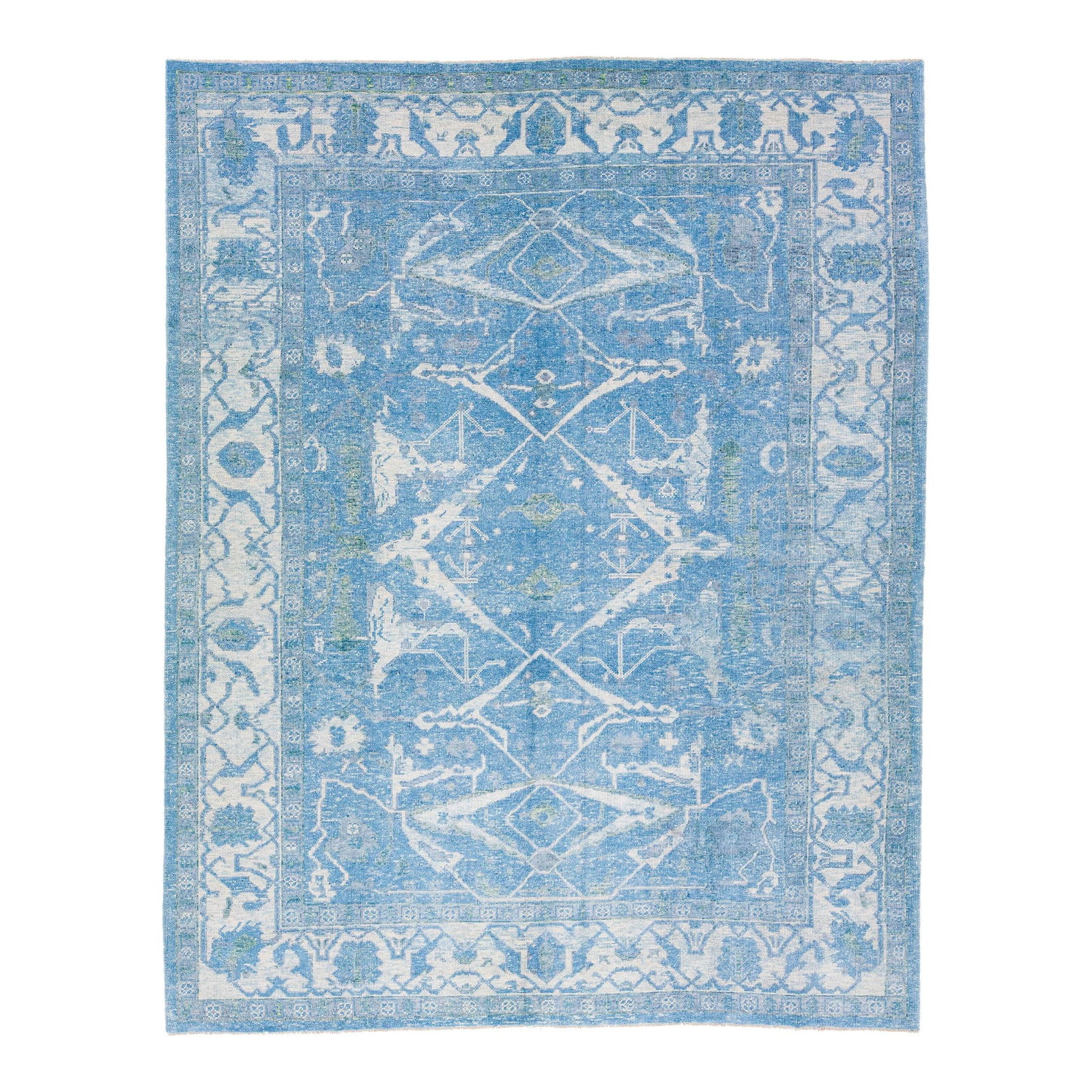 Blue Handmade Turkish Oushak Wool Rug with Floral Design 10'1 x 12'10: Blue Handmade Turkish Oushak Wool Rug with Floral Design 10'1 x 12'10 Enhance your space with this stunning modern Oushak handmade wool rug, featuring a vibrant blue color field complemented by white 