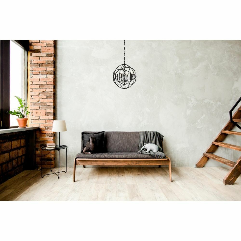 Geneva 4 Light Crystal Orb Pendant Dark Bronze 17 in: Geneva 4 Light Crystal Orb Pendant Dark Bronze 17 in Modern pendant chandelier with a dark bronze finish and a round orb/globe design accented with clear Royal Cut crystals. It features 4 lights, hard
