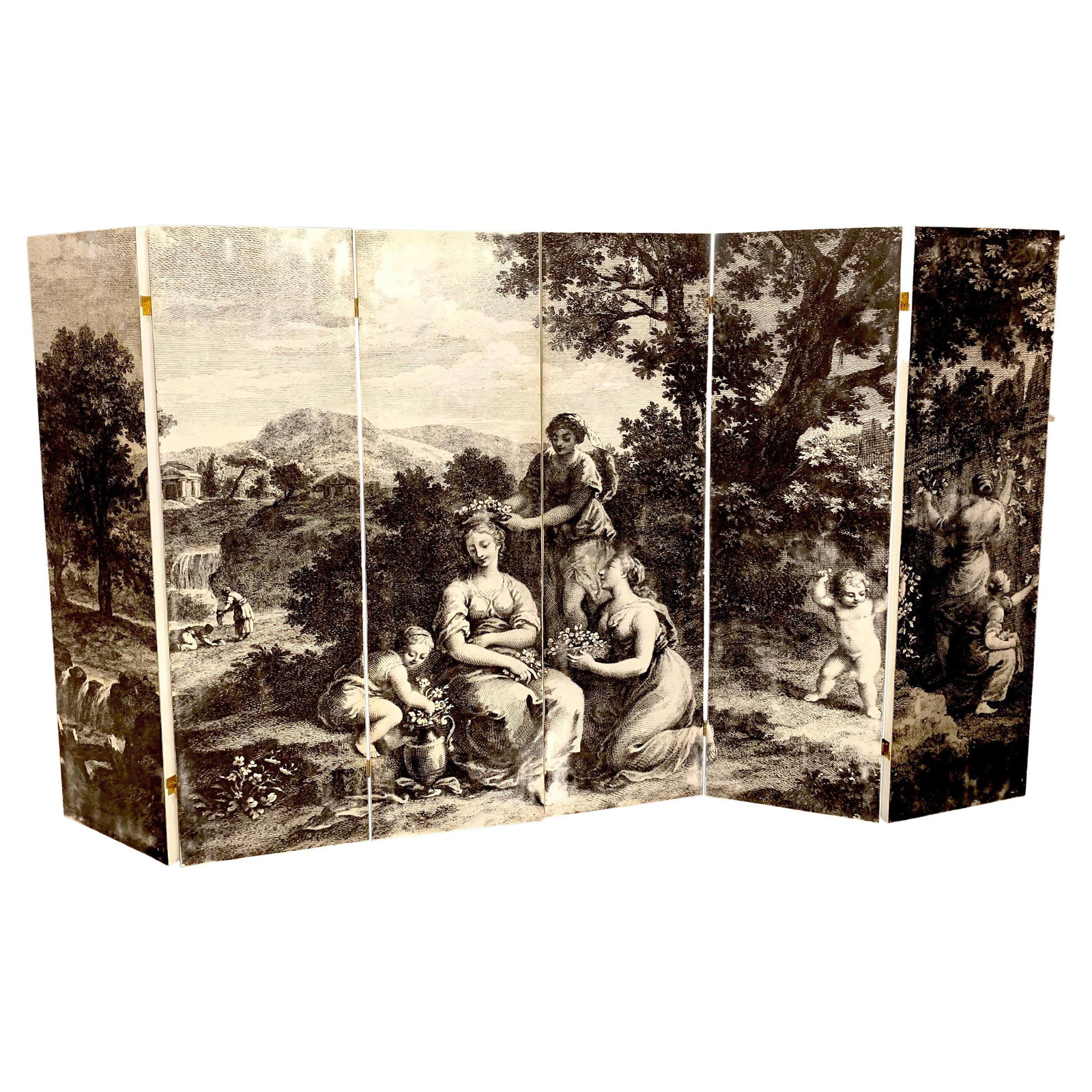 Italian 1950s Neoclassical Black and White Screen Set of 2: Italian 1950s Neoclassical Black and White Screen Set of 2 This exquisite Italian six-panel neoclassical screen features a striking black and white design that complements mid-century modern decor. Th