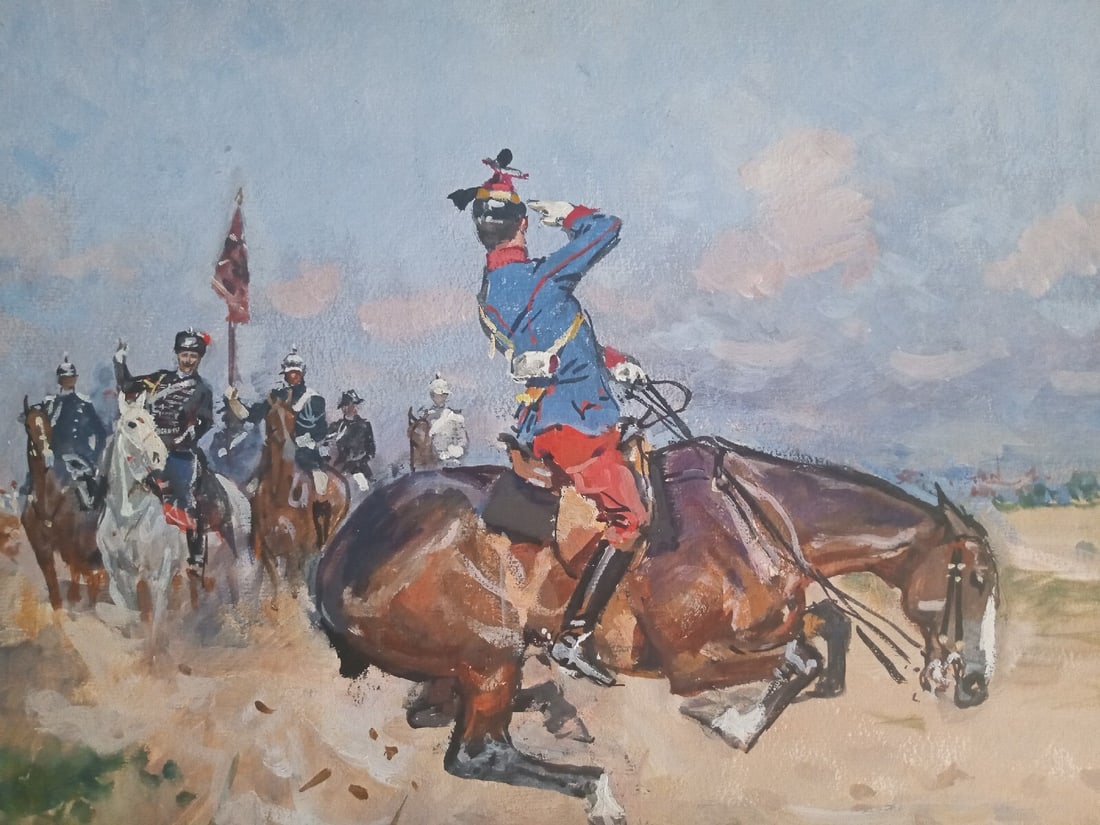 Signed Wojciech Kossak military watercolor on paperboard with uhlan horseman (1 of 18)