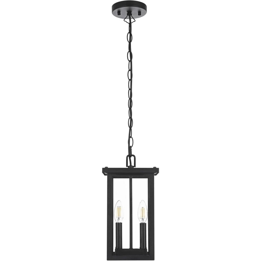 Outdoor 2 Light Pendant Lantern Venango Black Glass: Outdoor 2 Light Pendant Lantern Venango Black Glass Traditional outdoor pendant chandelier with 2 lights, featuring a black finish, clear glass, and iron construction. It is hardwired, wet rated, and 