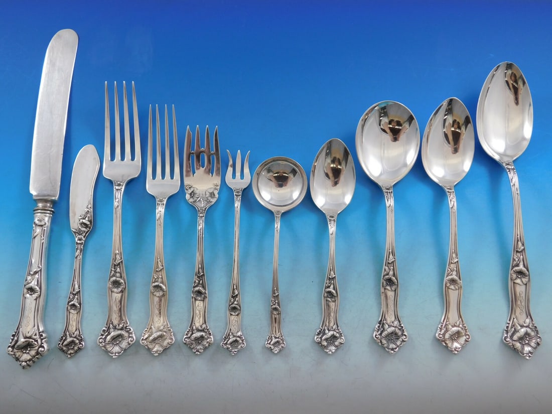 Alvin Morning Glory 100 Piece Sterling Silver Flatware Service for 12: Alvin Morning Glory 100 Piece Sterling Silver Flatware Service for 12 This is a rare and elegant Morning Glory pattern flatware set by Alvin, crafted in sterling silver and dating to circa 1909. The s