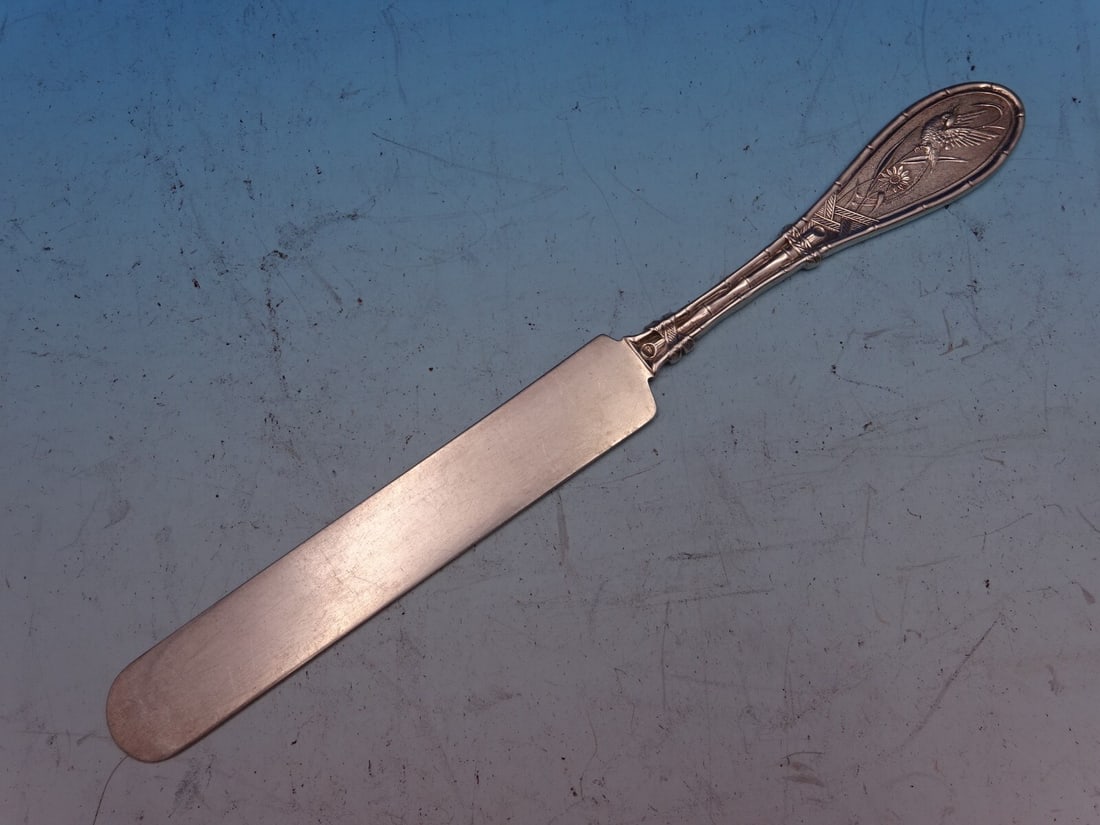 Whiting Sterling Silver Luncheon Knife Japanese Pattern 8 Rare: Whiting Sterling Silver Luncheon Knife Japanese Pattern 8 Rare This exquisite luncheon knife features a striking flat handle and is crafted from sterling silver, made by the renowned Whiting Manufactu