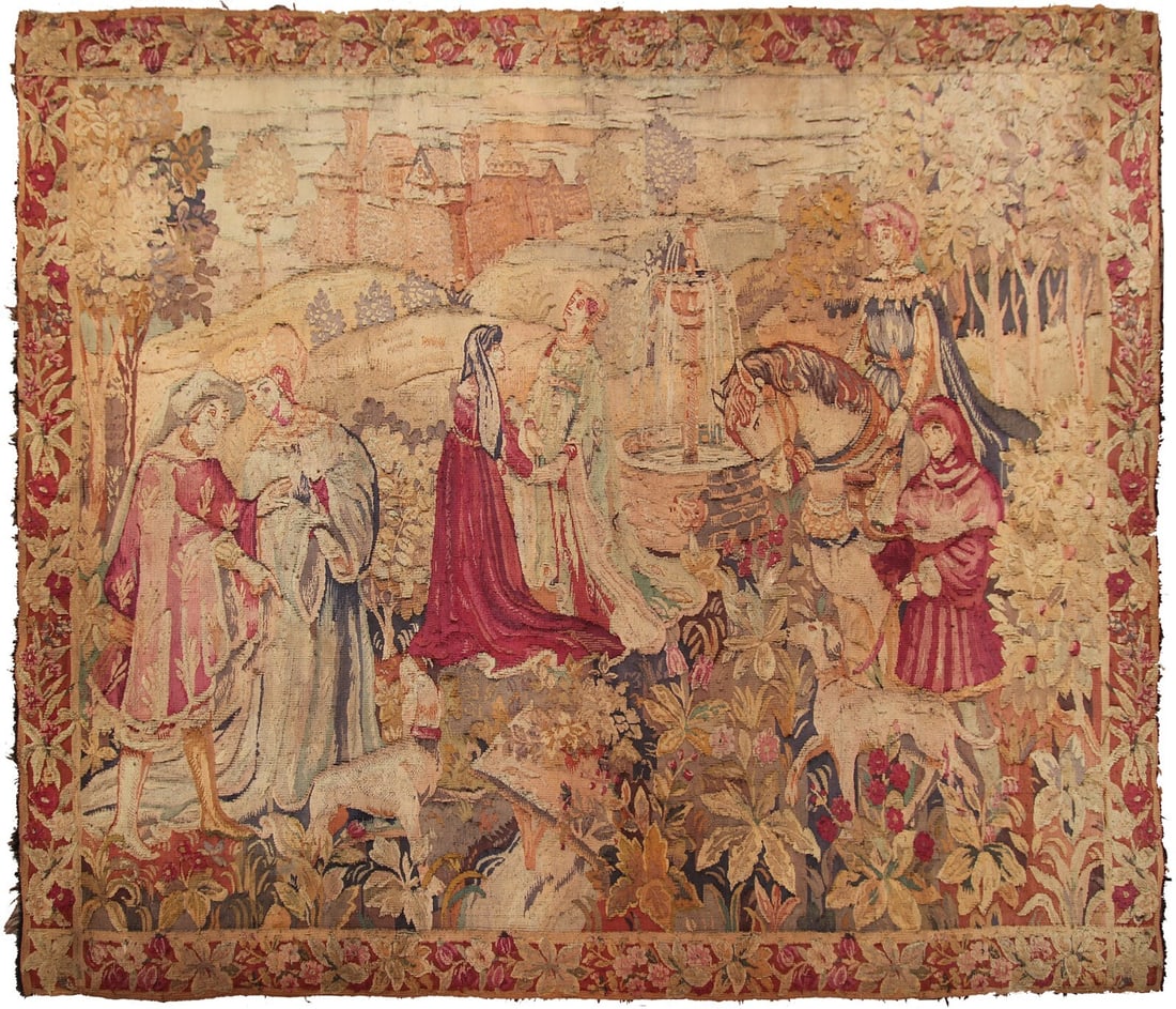 French Wool Wall Tapestry Fountain Scene 6x8 Antique (1 of 10)