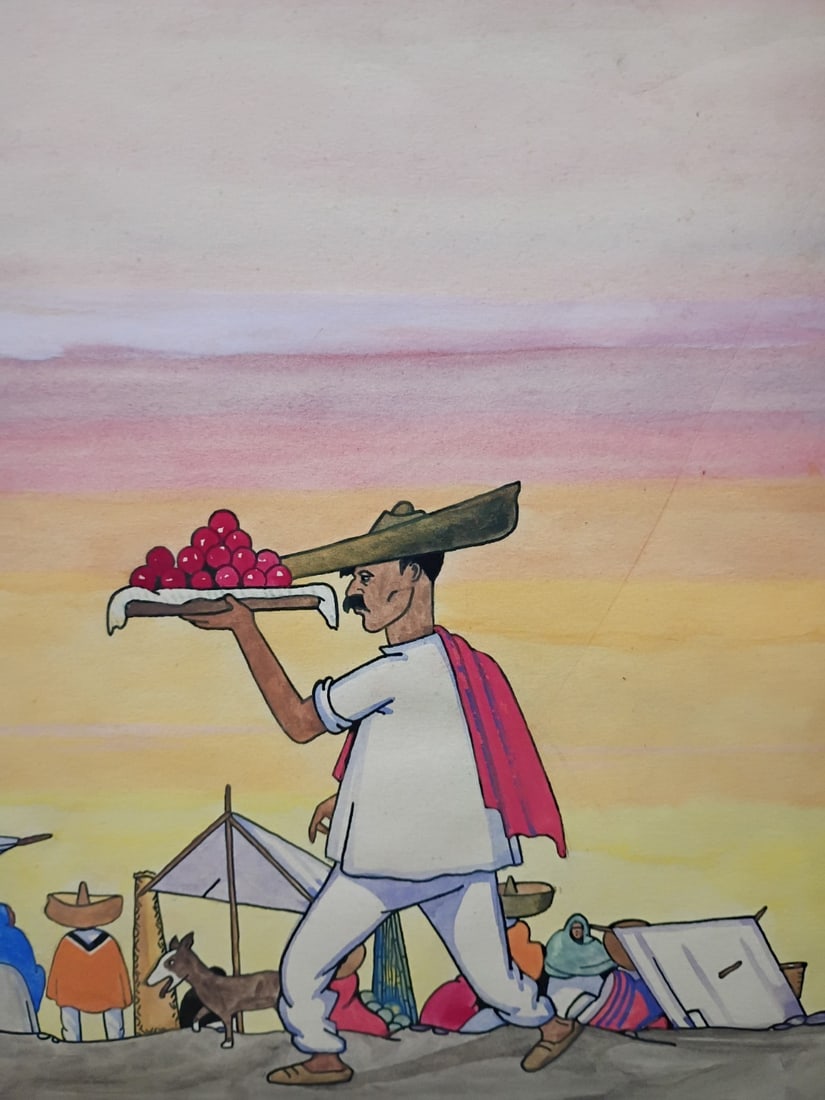 Signed Georges Murillo watercolor painting man with fruit 8.5x11: Signed Georges Murillo watercolor painting man with fruit 8.5x11 Original watercolor illustration-style painting by Georges Murillo depicting a man with fruit. This handmade work is signed and present