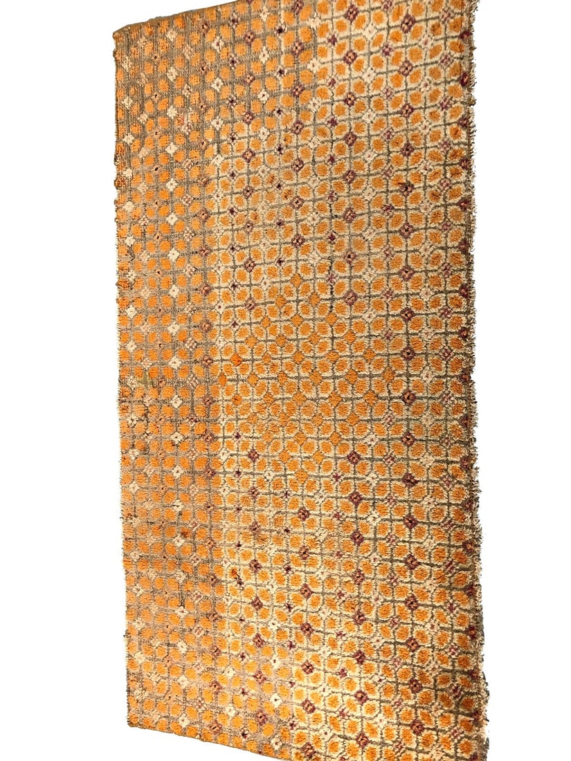 Antique Tibetan Wool Area Rug Gold Geometric 2'6 x 5'6: Antique Tibetan Wool Area Rug Gold Geometric 2'6 x 5'6 This rare antique handmade area rug, crafted in Mongolia around 1900, features a fine geometric design in a striking gold color palette. Made fro