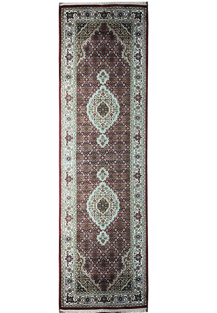 Mahi Tabriz Hand-Knotted Rug 2.9 x 8.1 Feet Burgundy Wool Silk: Mahi Tabriz Hand-Knotted Rug 2.9 x 8.1 Feet Burgundy Wool Silk Free continental US Shipping Enhance your home with this exquisite 8-foot Mahi Tabriz runner rug, crafted from a luxurious blend of wool 