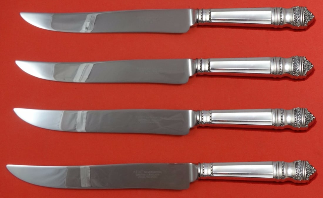 Towle Danish Baroque Sterling Silver 4pc Texas Steak Knife Set: Towle Danish Baroque Sterling Silver 4pc Texas Steak Knife Set This exquisite 4-piece steak knife set features the elegant Danish Baroque pattern by Towle, crafted from sterling silver with stainless 