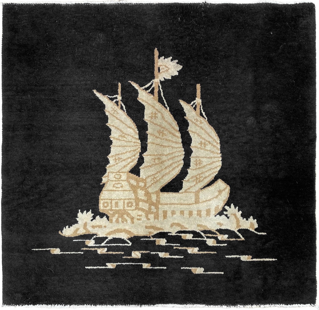 1930 Chinese Art Deco Ship Tapestry Rug 107 cm x 112 cm (1 of 10)