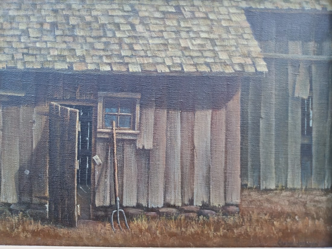 Framed 9x12 Oil Painting on Canvas by Evelyn Jackman Barn Scene: Framed 9x12 Oil Painting on Canvas by Evelyn Jackman Barn Scene Original oil painting by Evelyn Jackman depicting a country barn. This framed canvas work is signed and dates to the 1970s. A regionalis